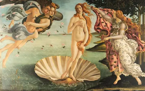 La Naissance de Vénus, chef-d'œuvre de Botticelli à Florence, dépeint la déesse sur une coquille, accueillie par les Vents et une Hora.
