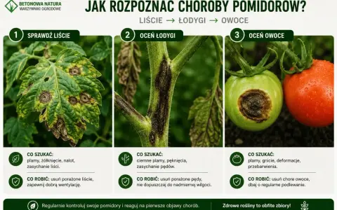 Objawy chorób pomidorów: plamy na liściach, ciemne zmiany na łodygach i gnijące owoce. Szybka reakcja zapobiega rozprzestrzenianiu się chorób.