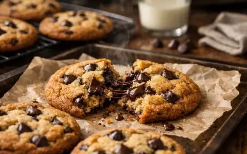 Délicieux cookies sans oeuf aux pépites de chocolat, encore chauds et fondants, sur une plaque de cuisson.