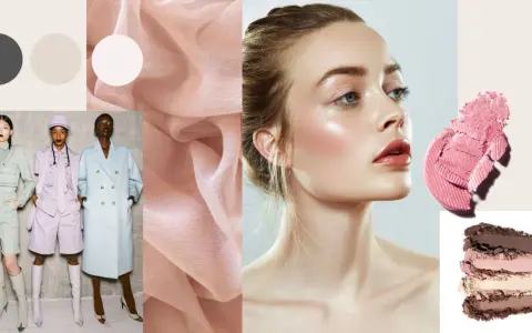 Moodboard con palette colori neutri e pastello, abiti eleganti e make-up luminoso. Un'ispirazione per capire l'armocromia cos'è.