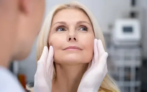 Kobieta z blond włosami poddaje się zabiegowi depilacji laserowej twarzy. Dłonie w rękawiczkach delikatnie dotykają jej policzków.