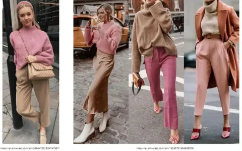Kobiety w stylizacjach inspirowanych **kolorami ziemi**: beżowe spodnie, pudrowy róż, karmelowy sweter i brzoskwiniowy płaszcz.
