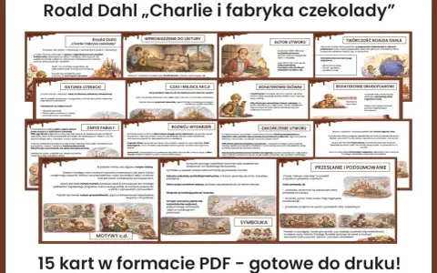 Charlie i fabryka czekolady: karty pracy z motywami, symboliką i podsumowaniem powieści Roalda Dahla.