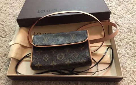 Mała torebka Louis Vuitton w brązowym monogramie, w pudełku z logo marki.