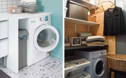 Idées pour aménager une petite buanderie : machine à laver, paniers à linge, étagères et rangements astucieux.