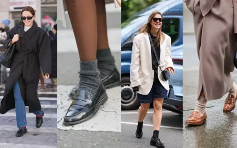 Women's loafers styled with socks: grey ribbed socks with black loafers, sheer black socks with black loafers, and beige ribbed socks with brown loafers.