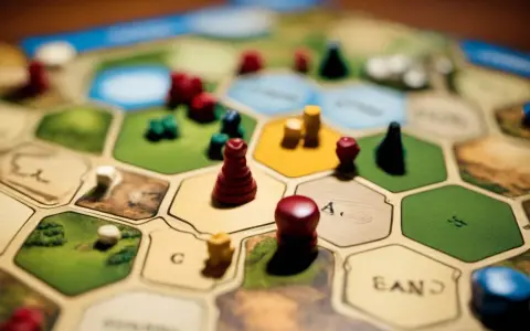 Plansza do gry Catan, z pionkami i zasobami. Catan instrukcja jest kluczem do zwycięstwa.
