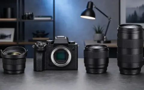 Appareil photo noir avec trois objectifs, prêt pour capturer des moments. La mise au point est essentielle, comme une respiration profonde.