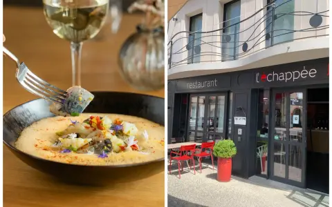 Délicieuse nourriture française dans un restaurant élégant. Un plat de poisson savoureux avec une touche de couleur, servi avec du vin blanc.