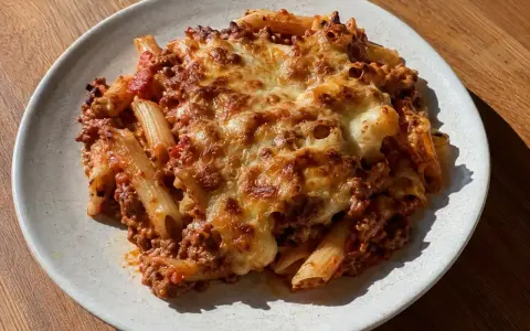 En tallrik med gratinerad pasta med köttfärssås och smält ost. En riktig klassiker som värmer själen.