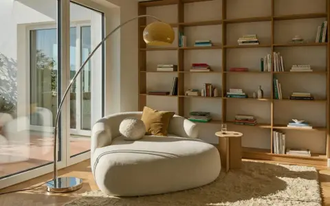 Un accogliente angolo lettura con divanetto curvo, libreria in legno e lampada ad arco. Perfetto per creare le tue idee angolo lettura.