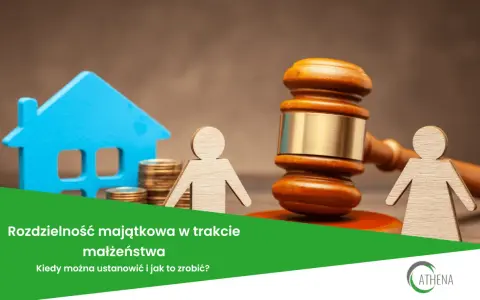 Symboliczne przedstawienie rozdzielności majątkowej: dom, monety, para figur i młotek sędziowski.