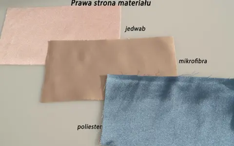 Trzy próbki materiałów: różowy jedwab, beżowa mikrofibra i niebieski poliester. Prawa strona materiału.