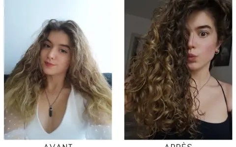 Avant : cheveux mi-longs, ondulés et un peu frisottis. Après : cheveux bouclés, brillants et pleins de vie.