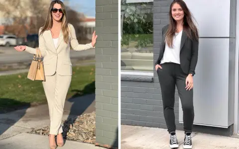 Due donne mostrano un outfit con blazer: una in beige con tacchi, l'altra in grigio scuro con sneakers.