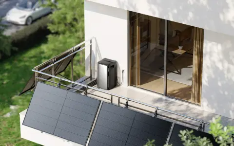 Solceller på en balkong, med en **longi 410w full black** panel i förgrunden. En laddbox står bredvid.