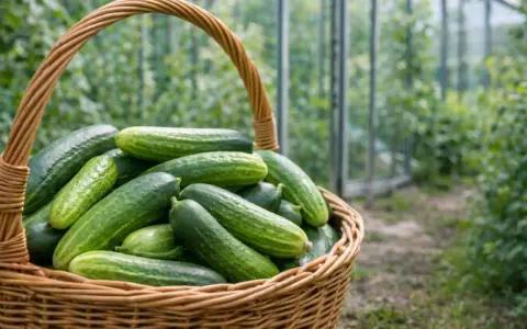 Koszyk pełen świeżych ogórków, idealnych do kiszenia pod folią. W tle widać szklarnię.