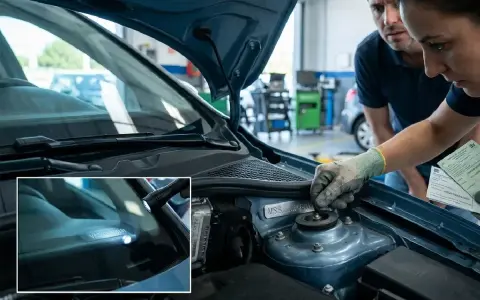 Mecánicos revisan los números para troquelar chasis en un coche. Un detalle muestra el número de identificación del vehículo grabado en el parabrisas.