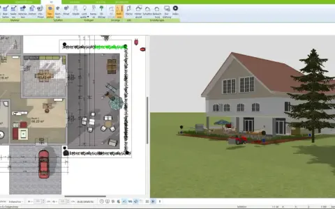Ein Haus mit Garten und einer überdachten Veranda, die als gemütlicher Sitzbereich gestaltet ist.
