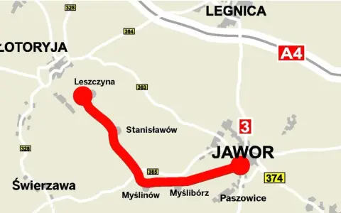 Mapa z zaznaczonym czerwonym szlakiem wygasłych wulkanów, łączącym Leszczynę z Jaworem. Widać też Legnicę i Złotoryję.