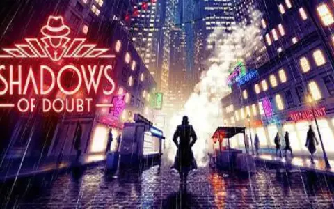 Un detective solitario camina bajo la lluvia en una ciudad nocturna iluminada por neones. El logo de Shadows of Doubt PS4 se cierne sobre la escena.