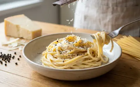 Un plato de cacio e pepe cremoso, con queso rallado cayendo sobre los espaguetis y granos de pimienta negra.