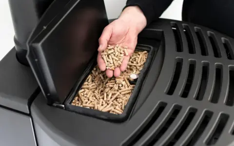 Mano sosteniendo **que es el pellet**, combustible para estufas, listo para ser añadido.