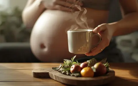 Ciepła herbata w ciąży, parująca z kubka, obok owoców na desce. Chwila spokoju dla przyszłej mamy.