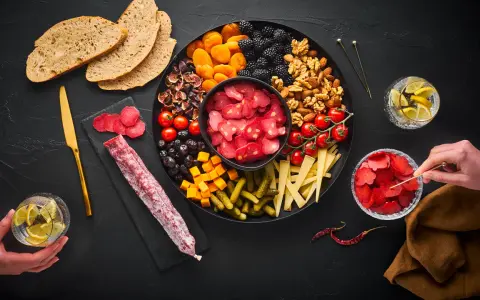 Planche apéro généreuse : charcuterie, fruits secs, olives, tomates, fromage, cornichons et pain. Une belle idée pour un moment convivial.