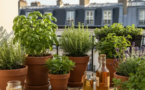 Un balcon parisien baigné de soleil, avec une variété de **plante aromatique plein soleil** : basilic, romarin, menthe, lavande. Huiles essentielles prêtes à l'emploi.