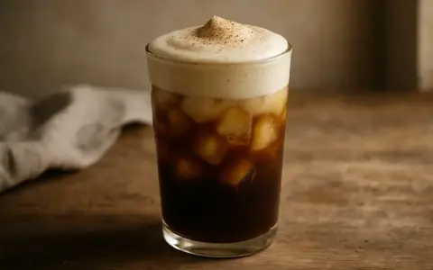 Erfrischender kalter Cappuccino mit cremigem Schaum und Eiswürfeln. Ein tolles Rezept für heiße Tage.