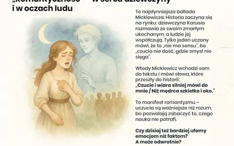 Ilustracja do ballad i romansów: dziewczyna wpatrzona w księżyc, obok niej duch ukochanego, w tle tłum.