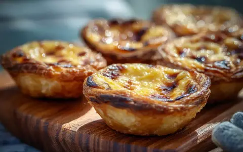 Fluffiga, gyllene pastel de nata på en träskärbräda. Krispiga kanter och krämig fyllning.