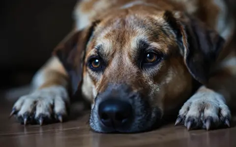 Gros plan sur un chien désorienté la nuit, le regard perdu dans le vide, couché sur le sol en bois.
