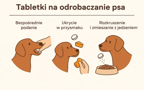 Ilustracja pokazuje trzy sposoby podawania psu tabletki: bezpośrednio, ukrytą w przysmaku i rozkruszoną w jedzeniu.