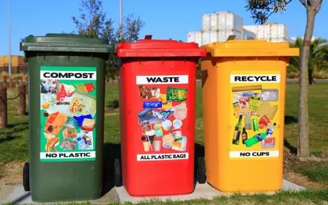 Trzy kosze na śmieci: zielony (kompost), czerwony (odpady) i żółty (recykling), z naklejkami pokazującymi przykłady wyrzucanych rzeczy.