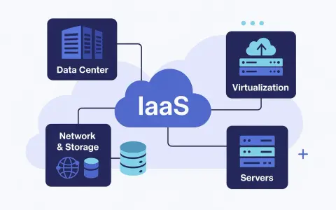 Diagramme illustrant l'IaaS : centre de données, réseau, stockage, virtualisation et serveurs. Un serveur internet est au cœur de ce système.