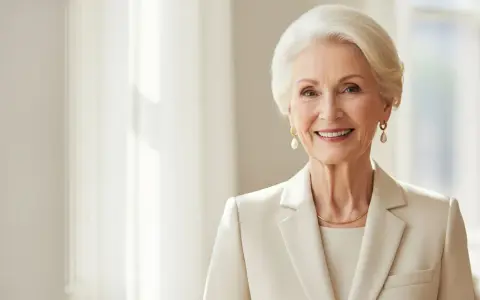 Eleganza senza tempo: come vestirsi a 70 anni e più con stile. Una donna sorride, indossa un tailleur chiaro e perle.