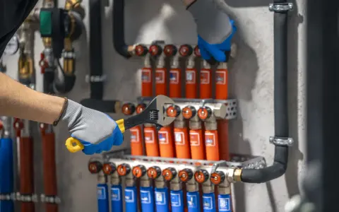 Hydraulik w rękawiczkach dokręca kluczem instalację z rurkami grzewczymi.