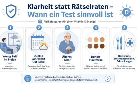 Risikofaktoren für Vitamin-D-Mangel: wenig Zeit draußen, dunkle Jahreszeit, höheres Alter, dunkle Hautfarbe, bestimmte Ernährung/Erkrankungen. Ein Test gibt Klarheit, wie lange es dauert, bis Vitamin D-Mangel behoben ist.