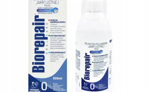 Płyn do płukania jamy ustnej Biorepair z cząsteczkami microRepair, bez alkoholu i chlorheksydyny, naprawia szkliwo i chroni przed próchnicą.