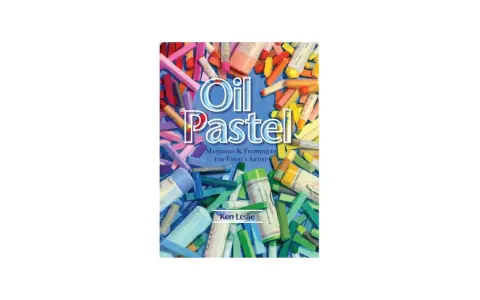 Boken "Oil Pastel" visar hur man kan måla med oljekritor. Massor av färgglada kritor i olika nyanser av blått, grönt, rosa och gult.