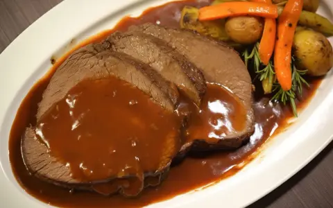 Fette fette di brasato ricetta con salsa, contornate da patate novelle, carote e rosmarino.