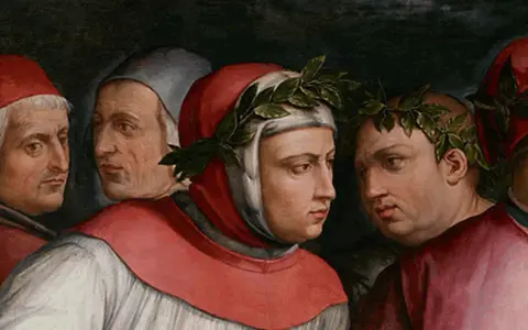 Figure retoriche: uomini con corone d'alloro, forse poeti, che discutono. "Io voglio del ver la mia donna laudare.