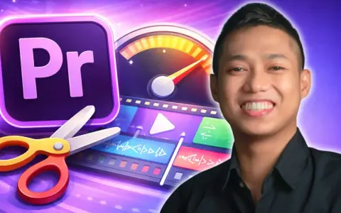 Joven sonriente junto a íconos de edición de video: tijeras, logo de Premiere y una línea de tiempo. ¡El futuro de la premiere IA!