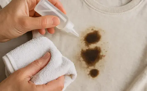 Manos aplicando líquido a una mancha de grasa en ropa beige, usando un paño blanco para frotar. Aprende como quitar grasa de la ropa.