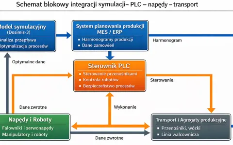 Schemat blokowy integracji symulacji, PLC i napędów. Model symulacyjny (Dosimis-3) analizuje przepływ i optymalizuje procesy, wysyłając optymalne dane do sterownika PLC.