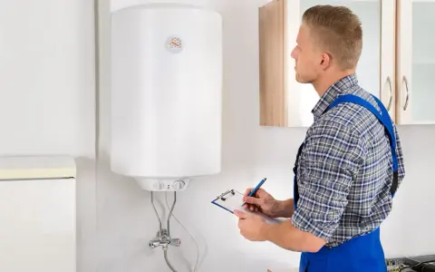 Técnico revisa un termo eléctrico que gotea, anotando en su portapapeles.