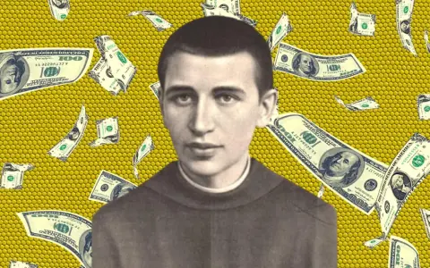 Wenanty Katarzyniec w otoczeniu spadających dolarów, symbolizujących modlitwę o pomoc finansową.