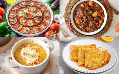 Cuatro platos de comida tradicional francesa: ratatouille, boeuf bourguignon, sopa de cebolla y crepes Suzette.